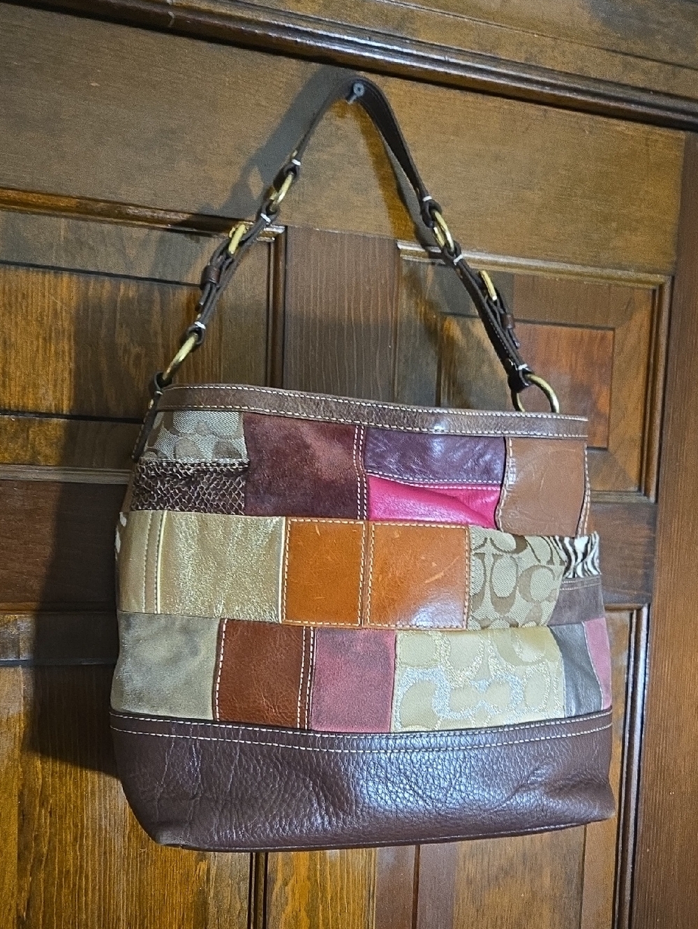 Coach Patchwork Shoulder Bag - Brown Multi with Pink & Orange Accents
